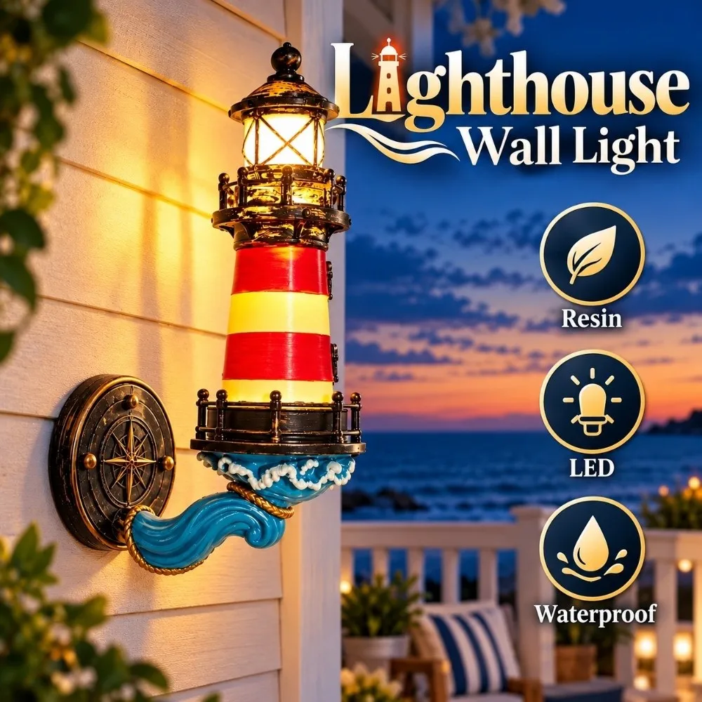 Resin Lighthouse Wall Light Waterproof LED Lighthouse Wall Sconce Red and White Striped Vintage Coastal Wall Sconce Patio