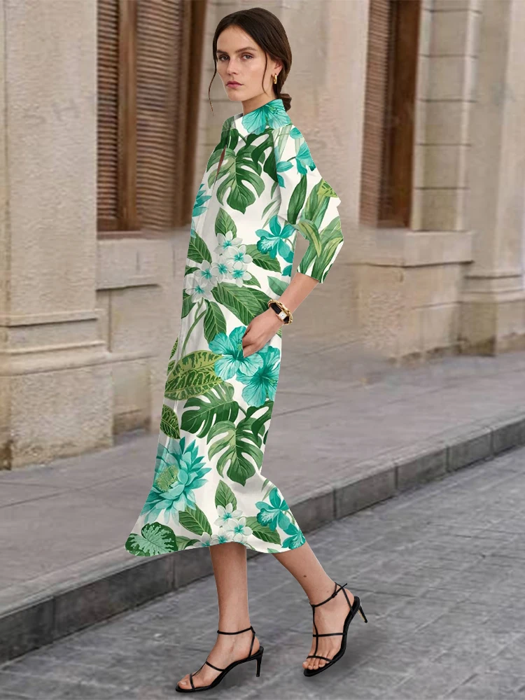 

New Spring and Autumn Daily Long-Sleeved Lapel Dress Women's Urban Street Casual Fashion Button-Down Dress Hawaiian 3D Print
