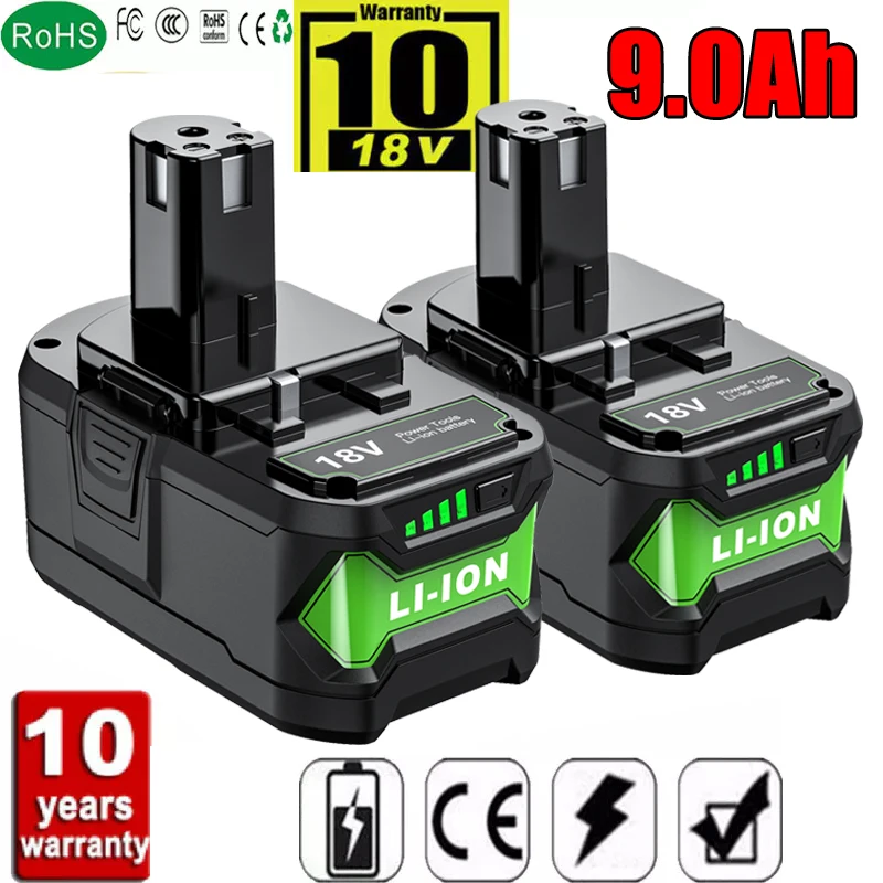 9Ah For P108 18V One+ Plus Lithium-Ion Batterie RB18L50 Battery and NiCad Battery Charger P104 P107 RB18L50 RB18L20 Power Tools