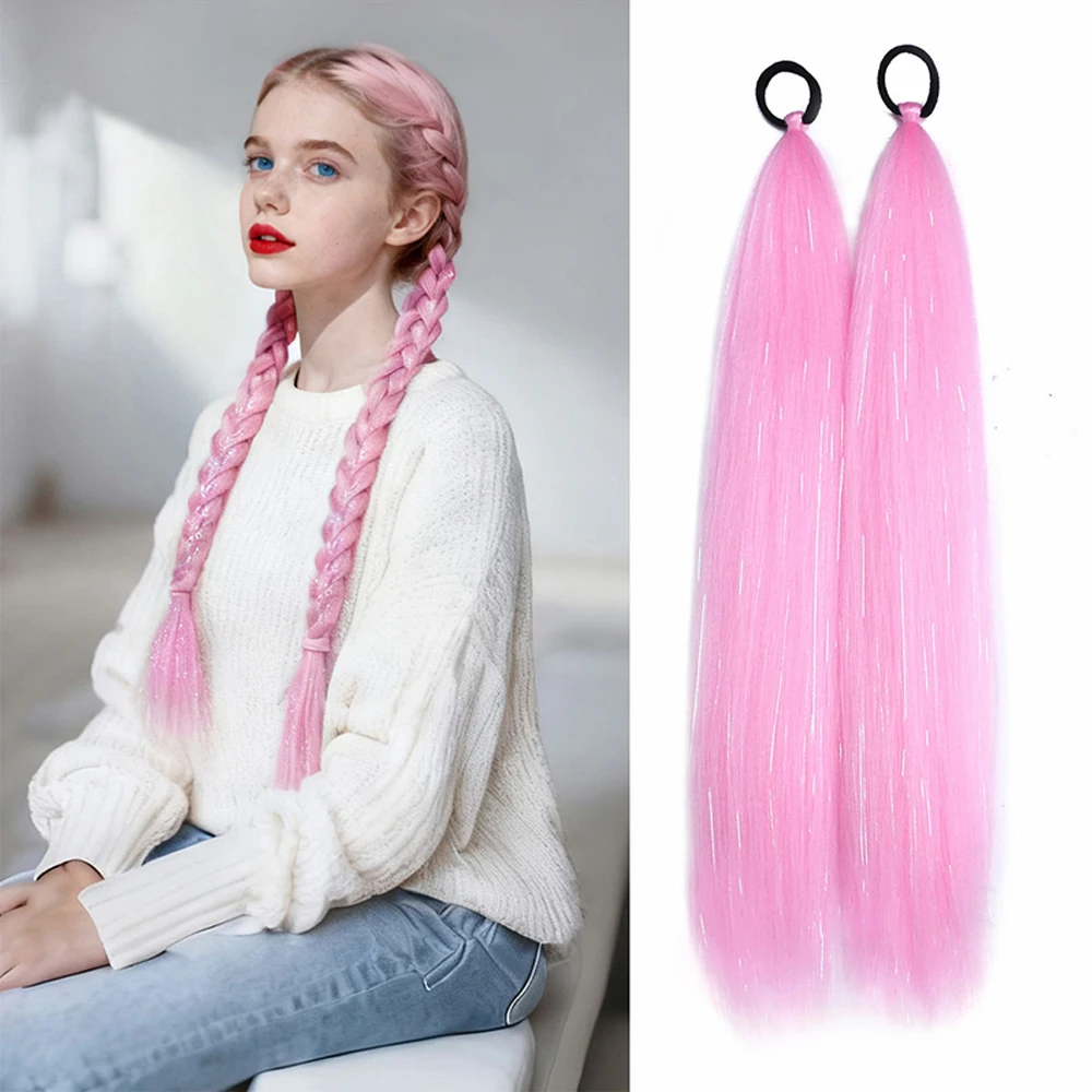 Colorful Tinsel Braided Hair Braided Synthetic Ponytail Extensions 24 Inch 50g/Piece Pink Braid Festival Braiding Hair Boxing