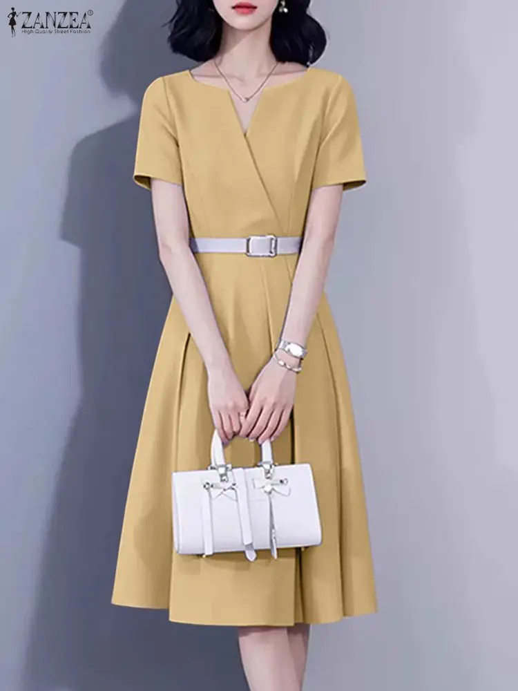 ZANZEA-Vestidos elegantes de oficina con cuello en V para mujer, vestido de verano 2025, Vestidos de cintura de manga corta, vestido de fiesta elegante, bata Midi plisada