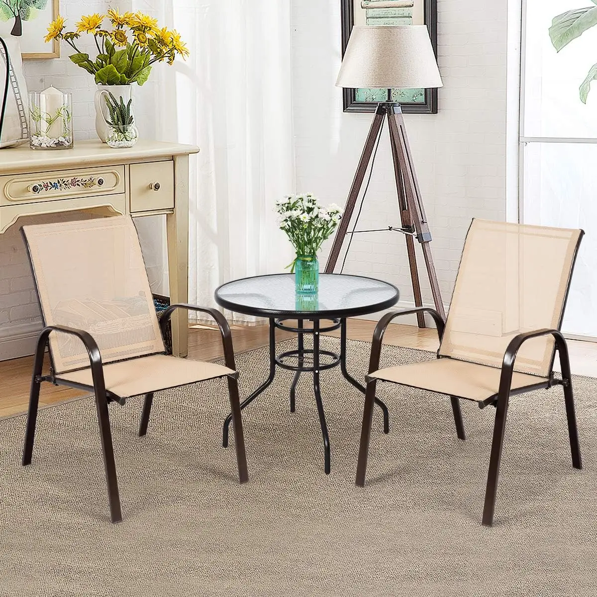 2 sets of terrace chairs, high back metal armored dining chairs with armrests and mesh seats