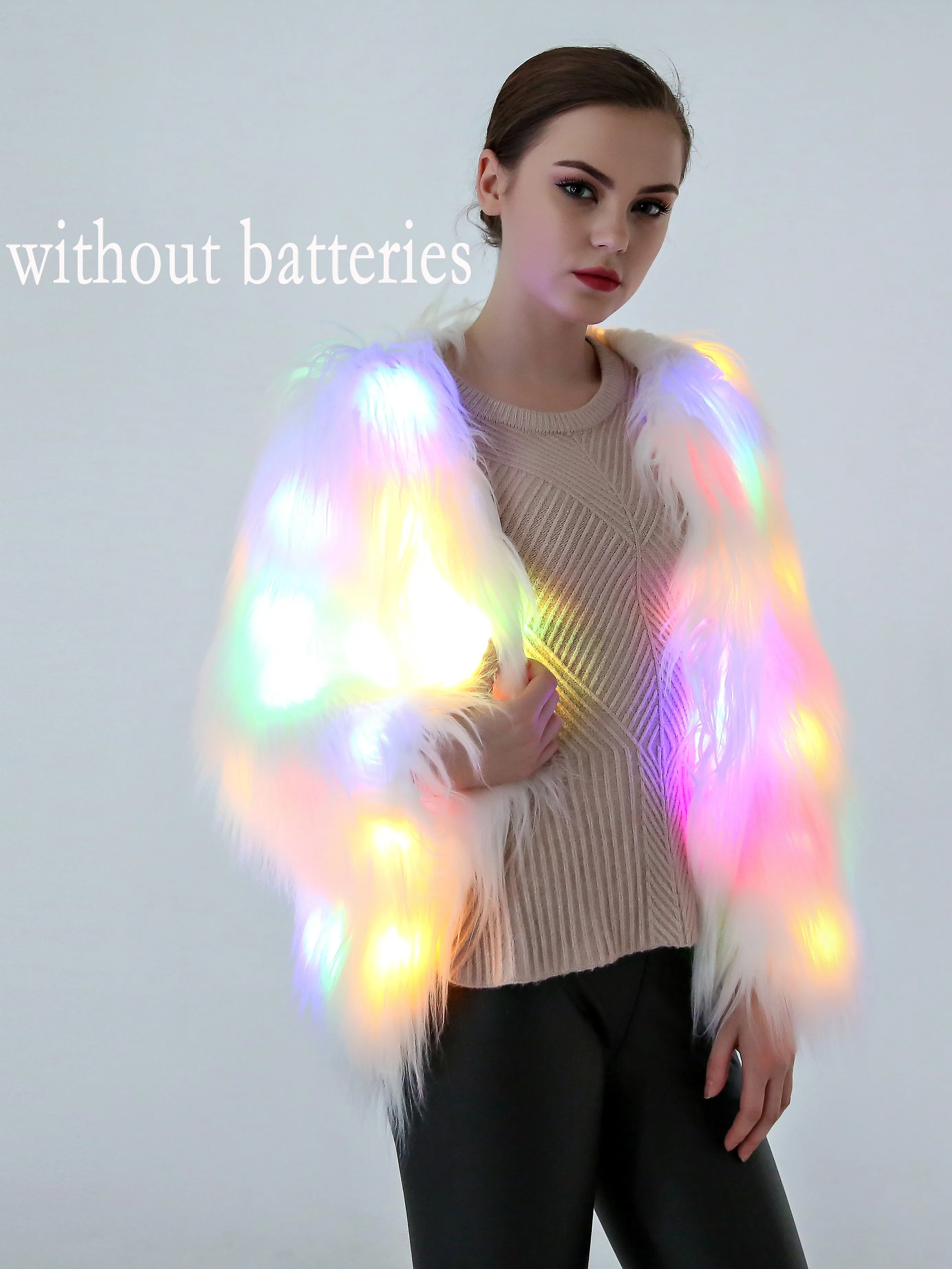 Women Faux Fur LED Light Coat Christmas Costumes Cosplay Fluffy Fur Jacket Outwear Winter Warm Festival Party Club Overcoat
