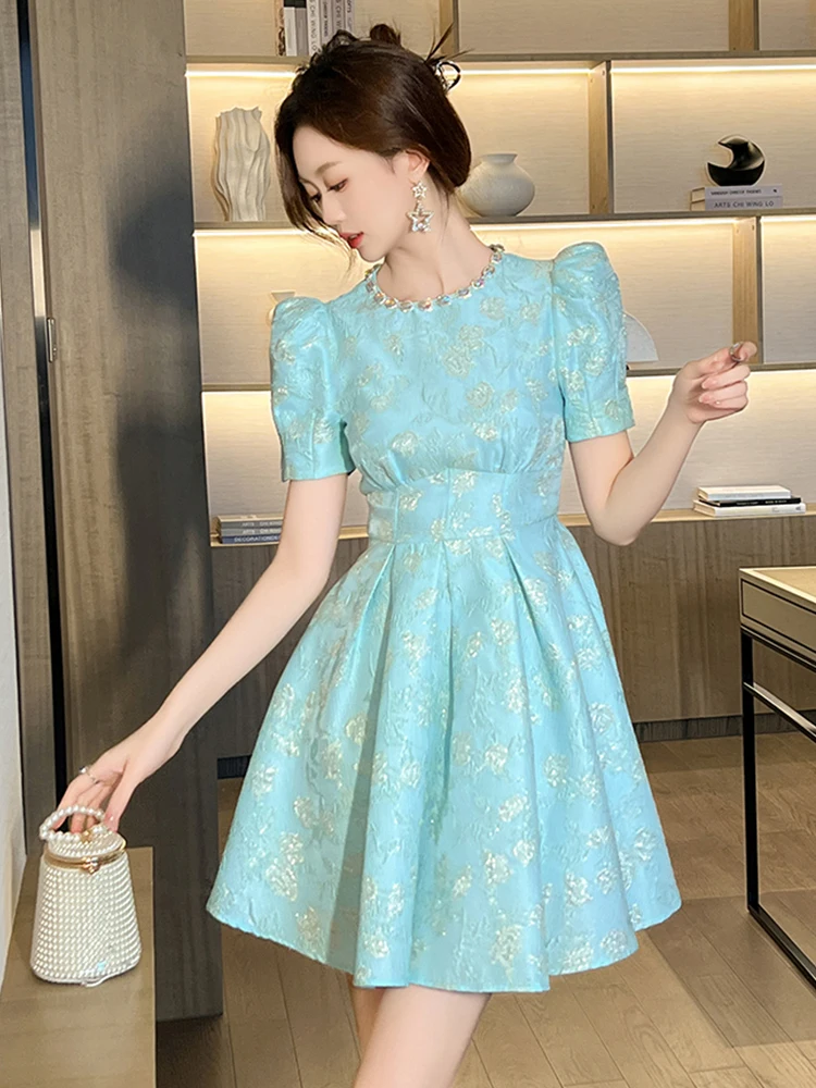 Elegant Cute Blue Evening Dress Women Clothes Lovely Bubble Sleeve Diamonds Short Ball Gown Lady Party Club Prom Vestidos Fiesta