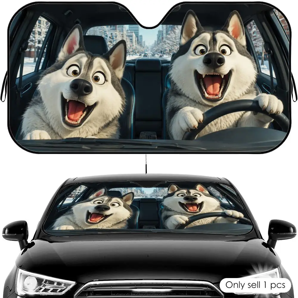 Divertida Visera Solar para Coche con Diseño de Huskies, Protector Solar para Parabrisas Delantero, Bloqueador de Rayos UV, Protector Térmico Plegable, Ajuste Universal