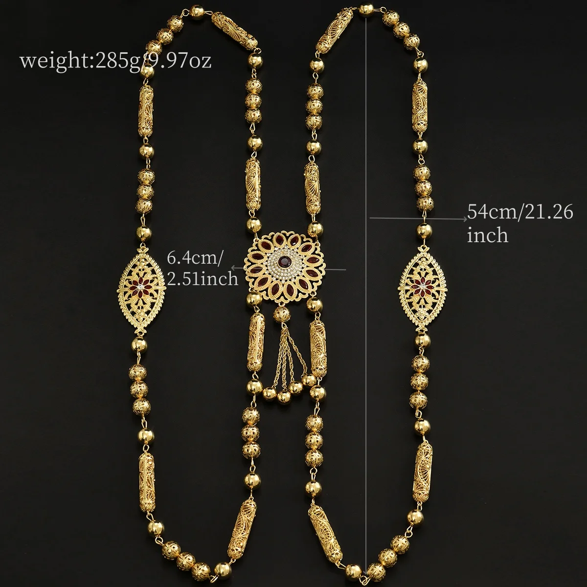 مجوهرات جسم الزفاف المغربي على طراز الشرق الأوسط مصنوعة يدويًا وشاح الزفاف المطلي بالذهب مع قلادة طويلة