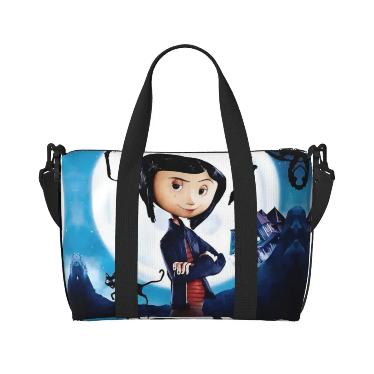 

Custom Coraline Twitchy Witchy Girl Tote Bag for Women Big Capacity Scary Movie Cartoon Beach Gym Travel Bags