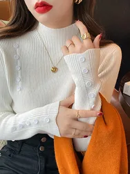 Elegant Button Basic Knitted Tops Women Turtlneck Sweater Long Sleeve Casual Slim Pullover Korean Fashion Simple Chic Clothes