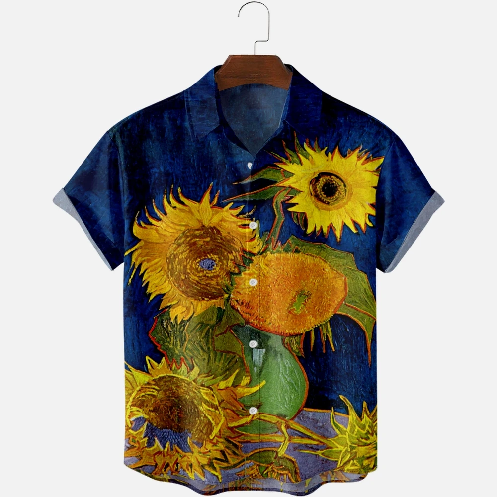 

Hawaiian Shirts for Men Red Sunflower Art Painting Short Sleeve Shirts Hawaii Summer Beach Vacation Tops Breathable