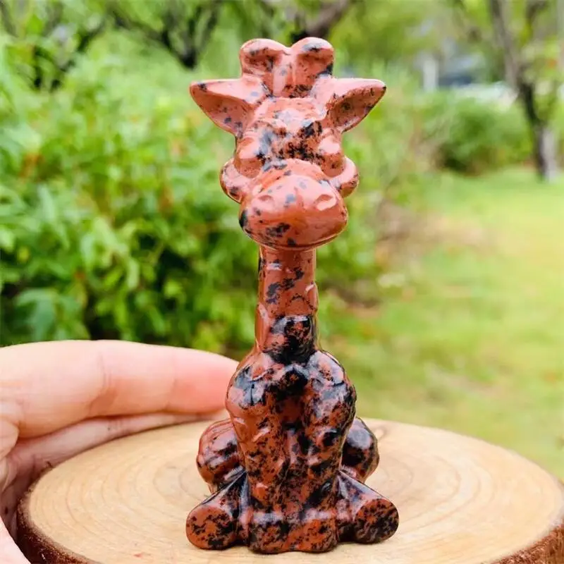 

12CM Natural Red Obsidian Giraffe Carving Statue Animal Fashion Home Ornament Art Collectible Gift 1PCS