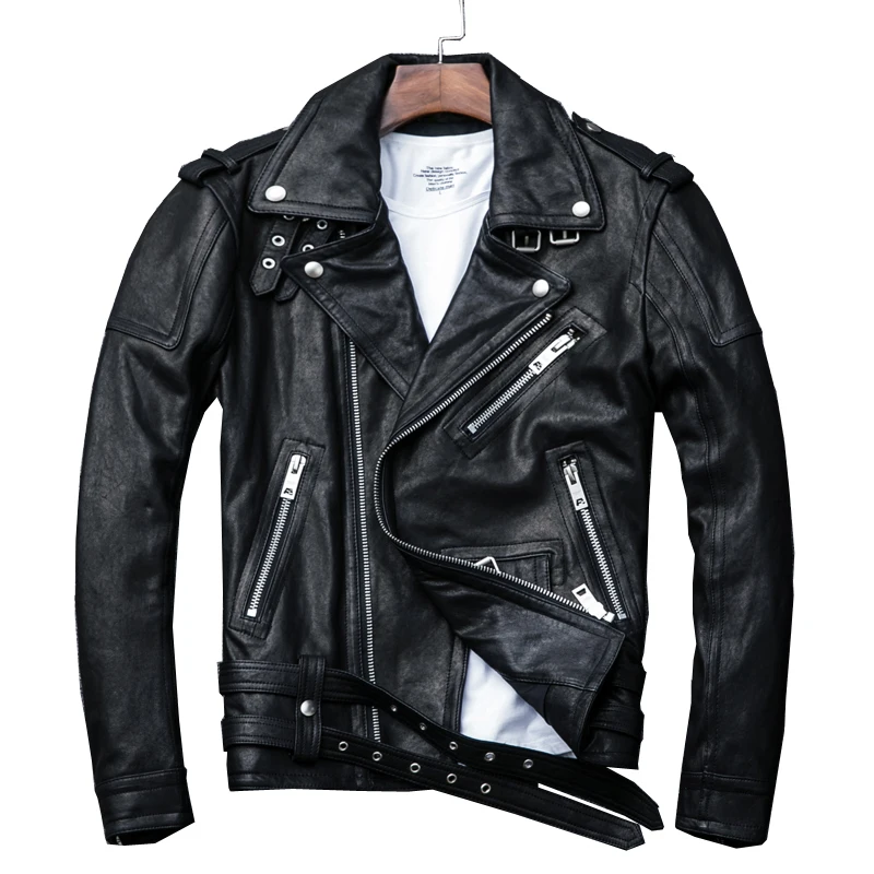 Black Autumn Leather Jacket Men Punk Style Plus Size 4XL Genuine Natural Sheepskin Turn-Down Collar Diagonal Zipper Short Coat