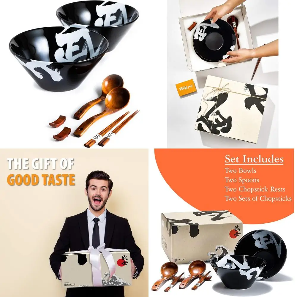 

Large 60oz Japanese Ceramic Ramen Bowl Set with Chopsticks, Spoons, and Rests - Ideal for Ramen, Pho, Salad, and More in Black M