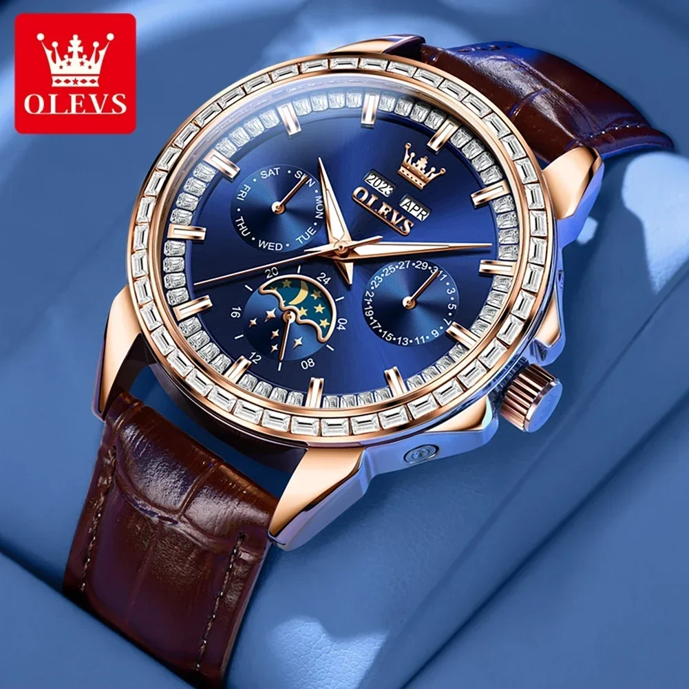 OLEVS 6695 Watches for Men Classic Fashion Original  Automatic Mechanical Watch Calendar 24 Hour Moon Phase Relógio Masculino