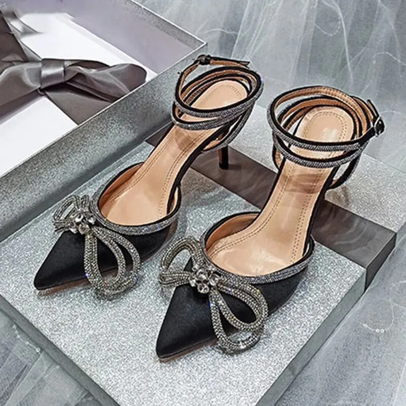 2024 New Fashion Glitter Rhinestones Women Pumps Crystal Bowknot Silk Pointed Toe Buckle Strap Thin High Heels Party Prom Shoes