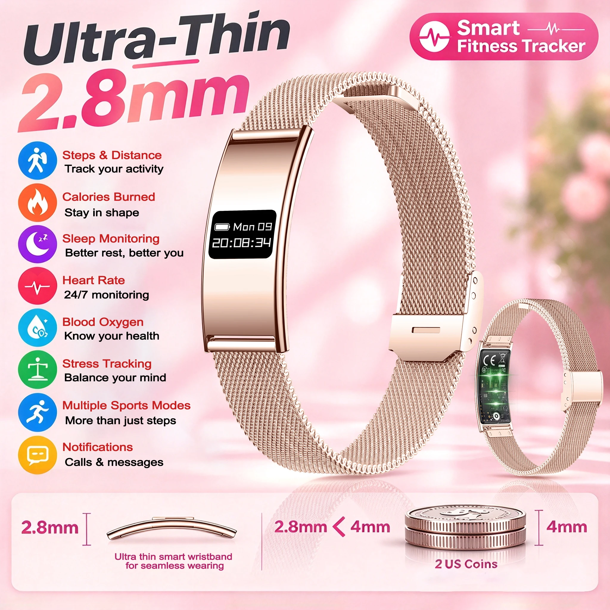 2026 New Ultra-light Smart Bracelet Fashion Wom Heart Rate Sleep Monitor Sports Fitness Tracker  Waterproof Reminder Smart Wacth