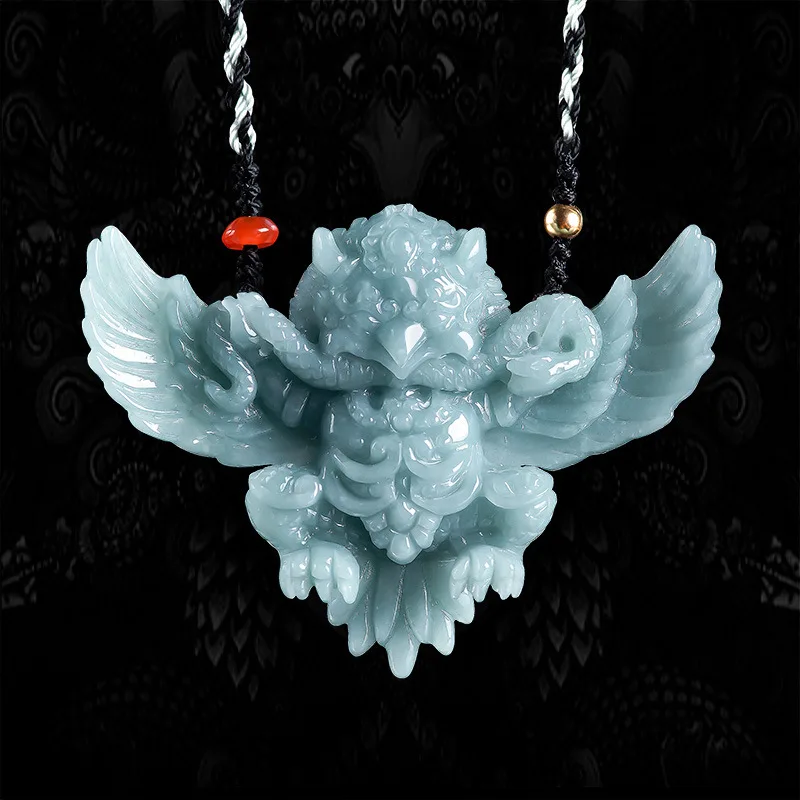 Jia Le/ Natural Jade Original Blue Water Three-dimensional Dapeng Golden-winged Bird Necklace Pendant Men Women Couple Amulet