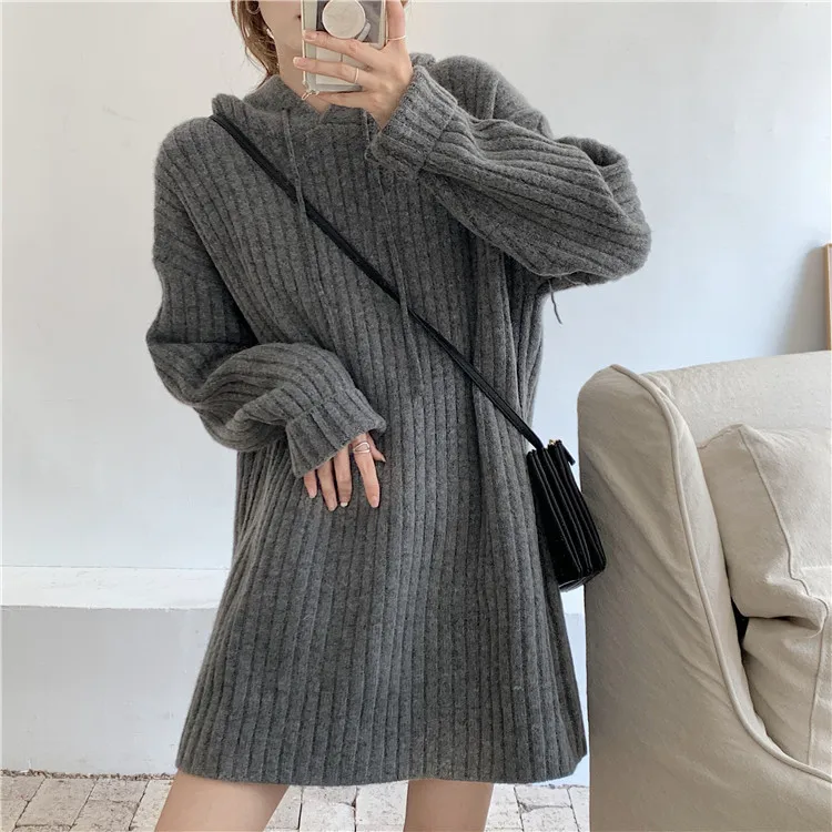 Hooded Midi Knit Pullovers Women Fall Winter Loose Thickened Long Sleeve Sweaters Top 3 Colors