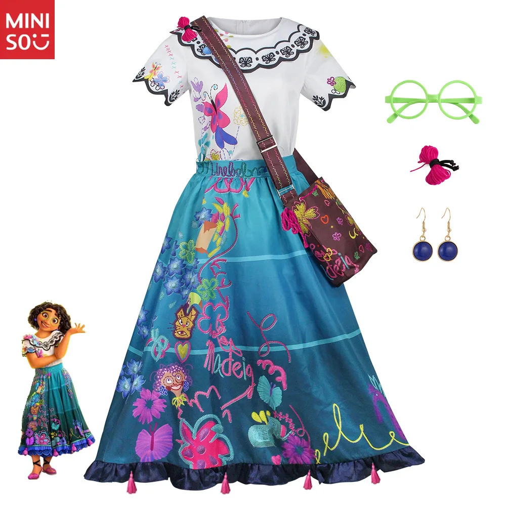 

Encanto Mirabel Cosplay Costume Set for Kids - Includes Printed Dress Bag Glasses Earrings Hair Accessory Carnival Fancy Outfit