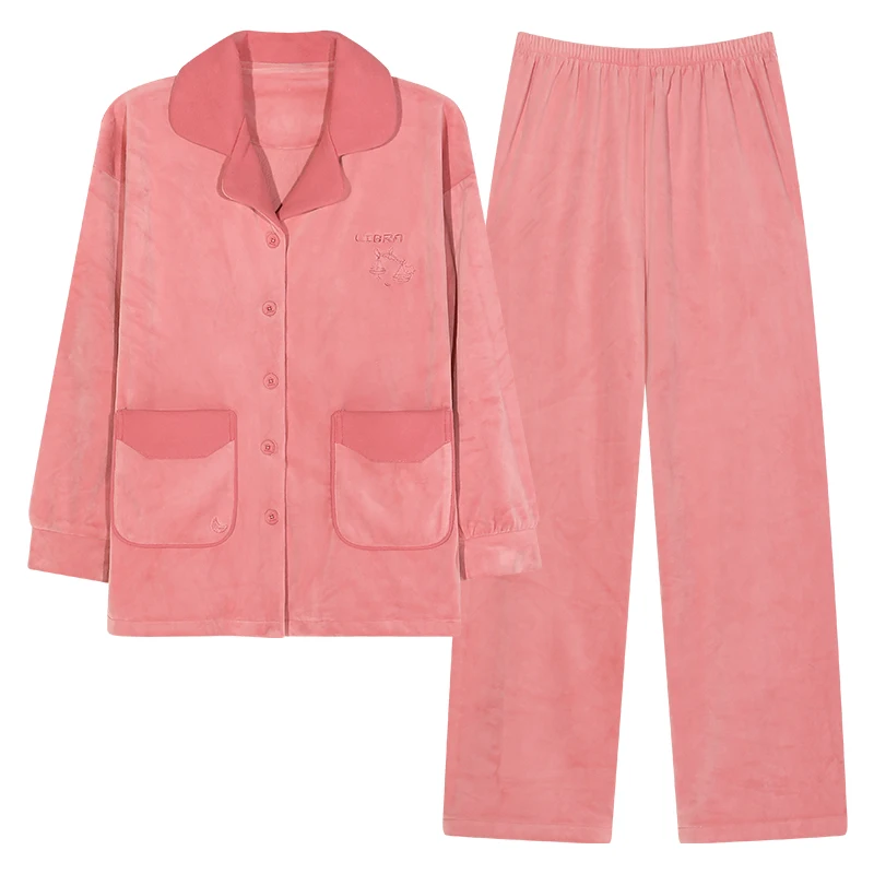 Newest Winter Women Island Fleece Pajamas Set Female Turn-down Collar Solid Pijamas