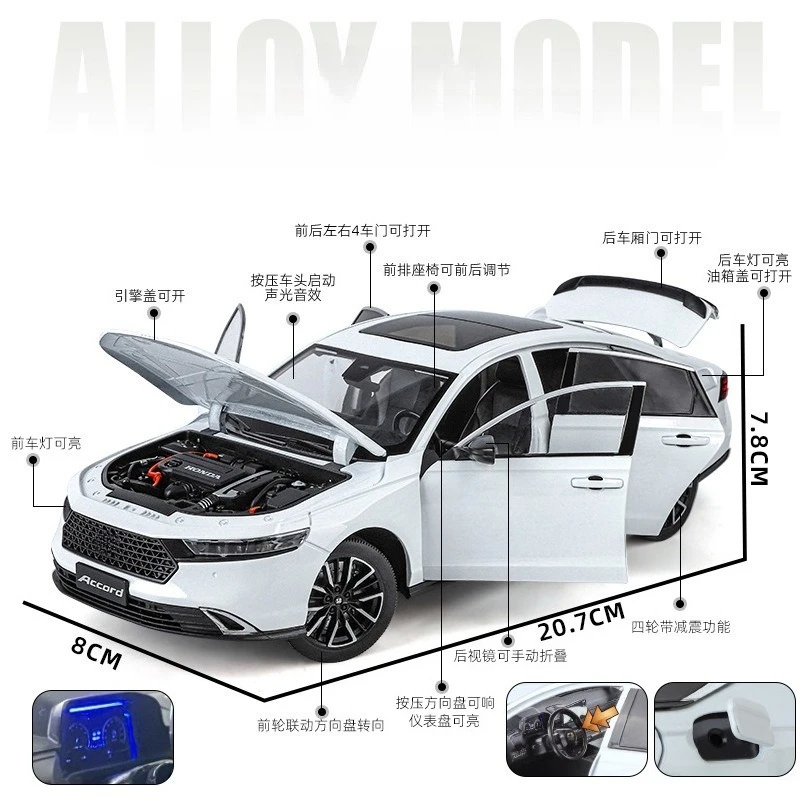 1:18 Accord Luxury Sedan Car Alloy Model Toys Diecast Vehices Front Wheel Steering Sound Light Pull Back Collection Kids Gift