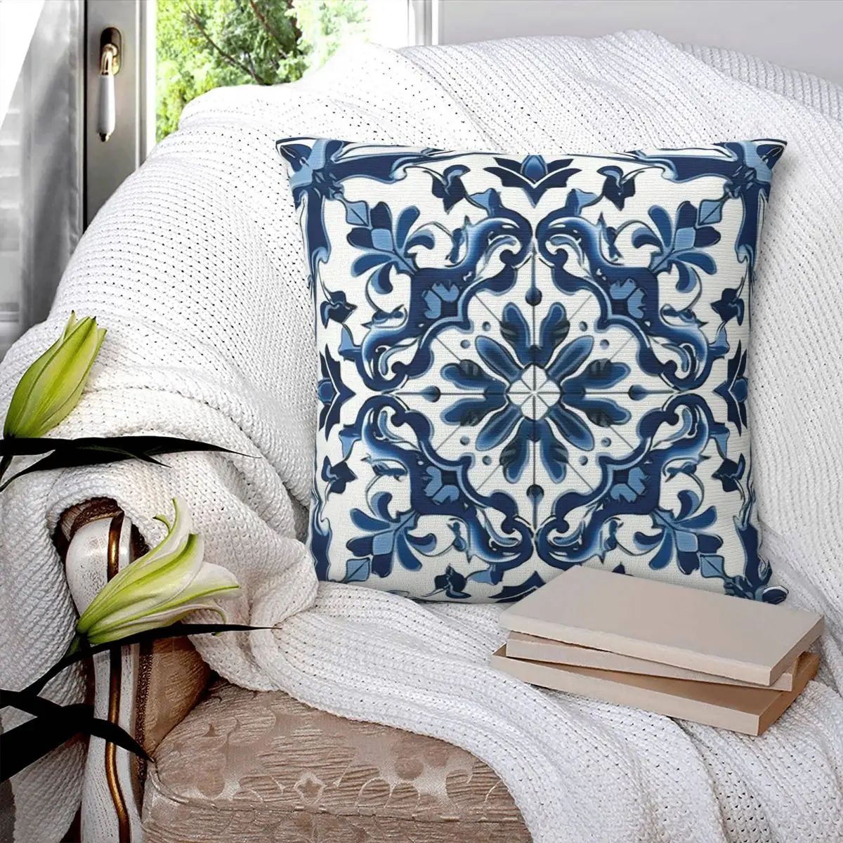 Blue And White Majolica Pattern Square Pillowcase Pillow Cover Polyester Cushion Zip Decorative Comfort Throw Pillow for Home