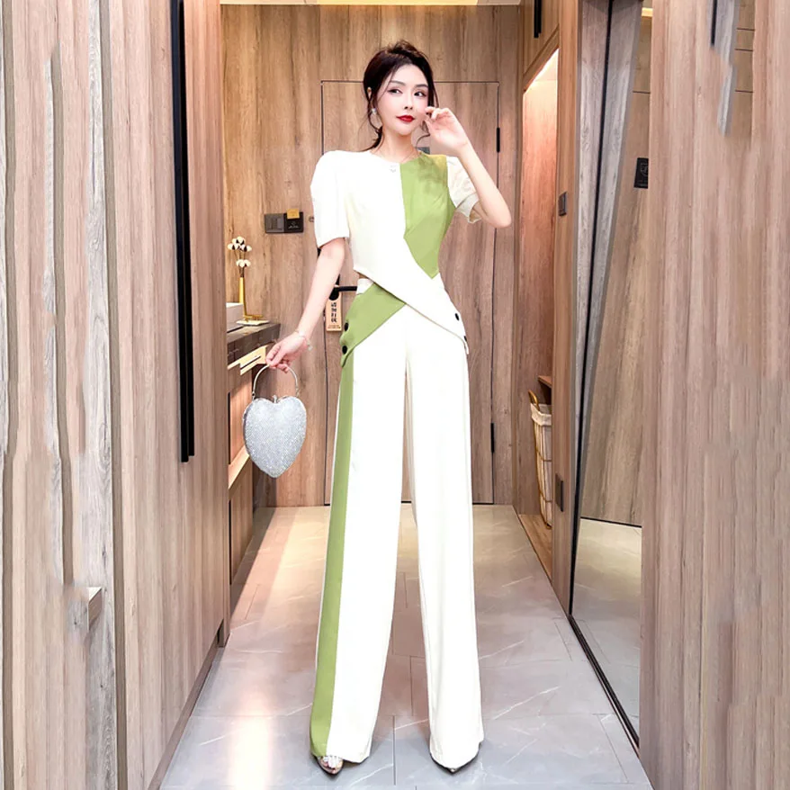 Women 2024 Summer Fashion Splice 2-Piece Set Female Asymmetric Contrast Color Business Suit Two-piece Temperament Wide Leg Pants