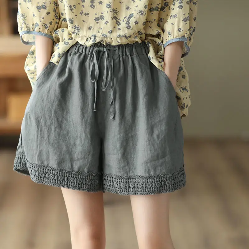 Summer Shorts Women Korean Style Hollow Out Solid Soft Cotton Linen Loose Simple Casual Drawstring Straight Lace Elastic Waist