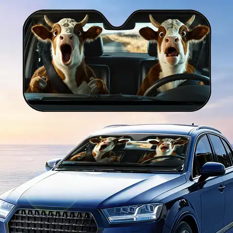 Funny Cow and Animals Sun Visor Foldable Car Windshield Sun Shade UV Protection Reflective Heat Insulation Reusable Cover