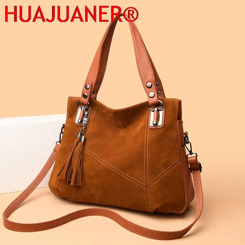 High Quality Women\'s Soft Suede Surface Leather Shoulder Crossbody Bag 2023 Luxury Tassel Handbag Large Capacity Ladies Tote Sac