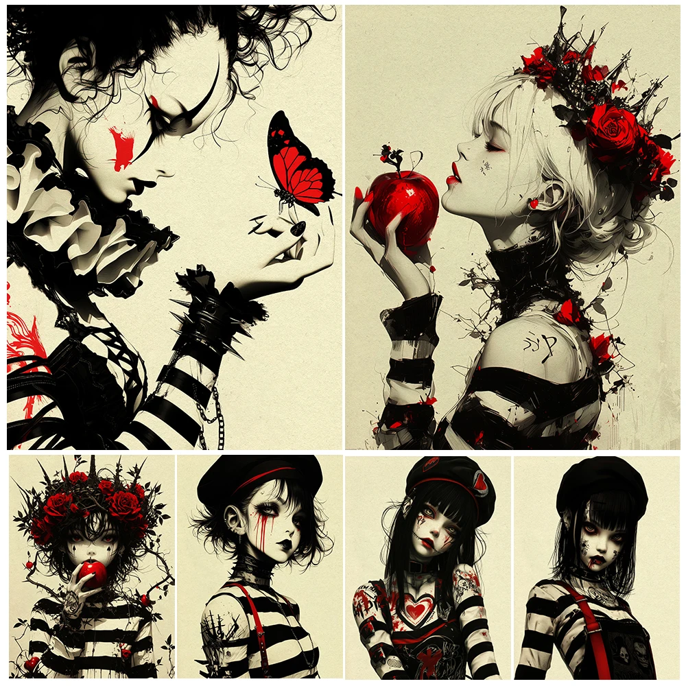 Beautiful Clown Gothic Wall Art Canvas Painting,Melancholy Clown Surreal Fantasy Art Poster And Print Home Decoration Unframed