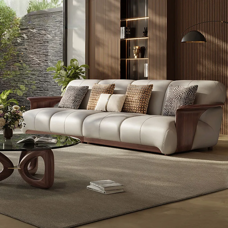 #North American Black Walnut Solid Wood Sofa Set, Modern Minimalist High-end Top-grain Genuine Leather Sofa For Living Room.