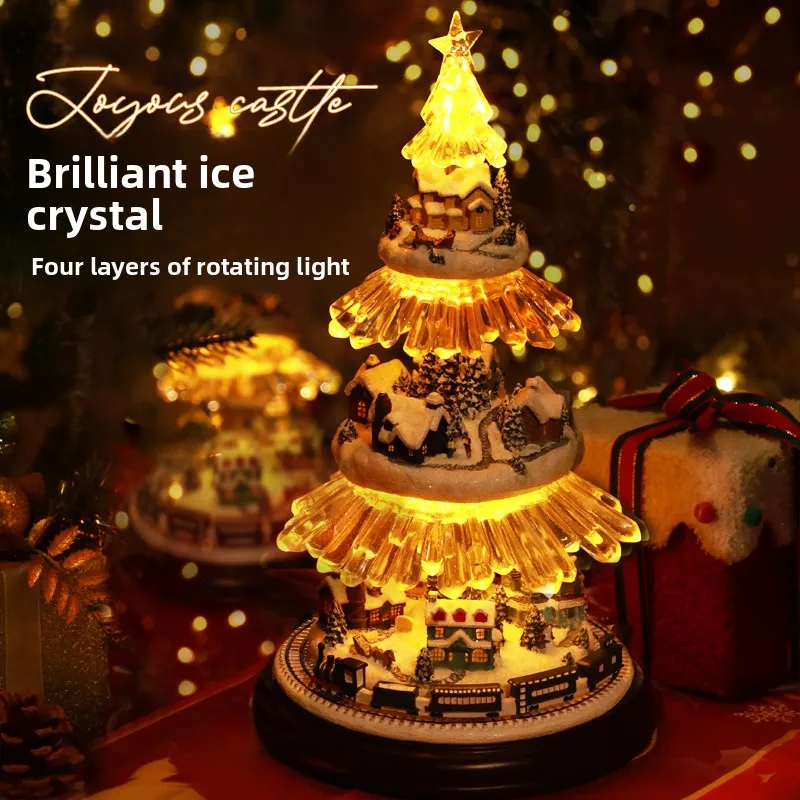 4-Tier Rotating Train Christmas Tree Wooden Music Box, Creative Birthday Gift for Girls Home Tabletop Decor
