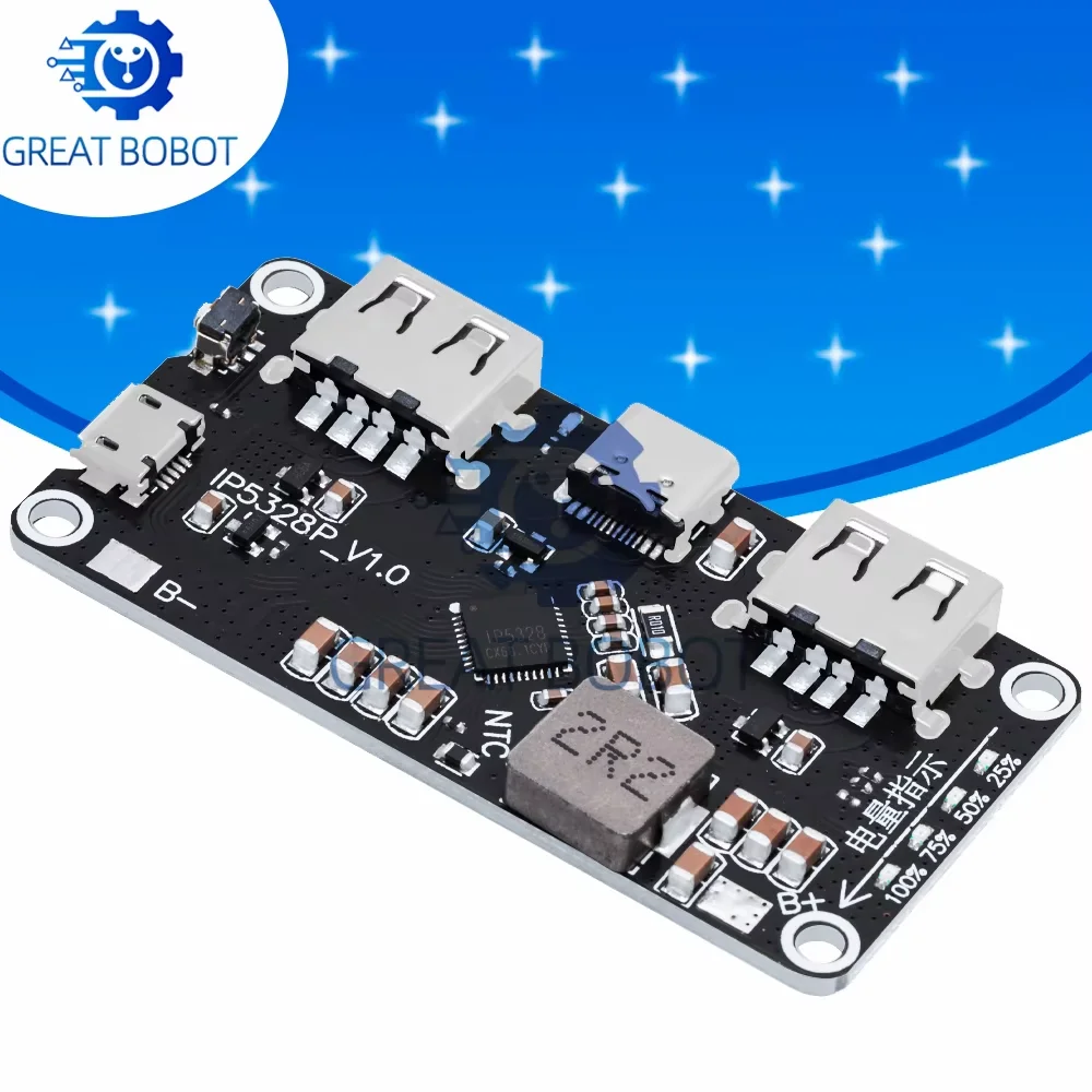 IP5328P Charger Module for 18650: QC2.0/QC3.0 Fast Charge – Dual USB + Type-C, 3.7V-to-5V/9V/12V Step-Up