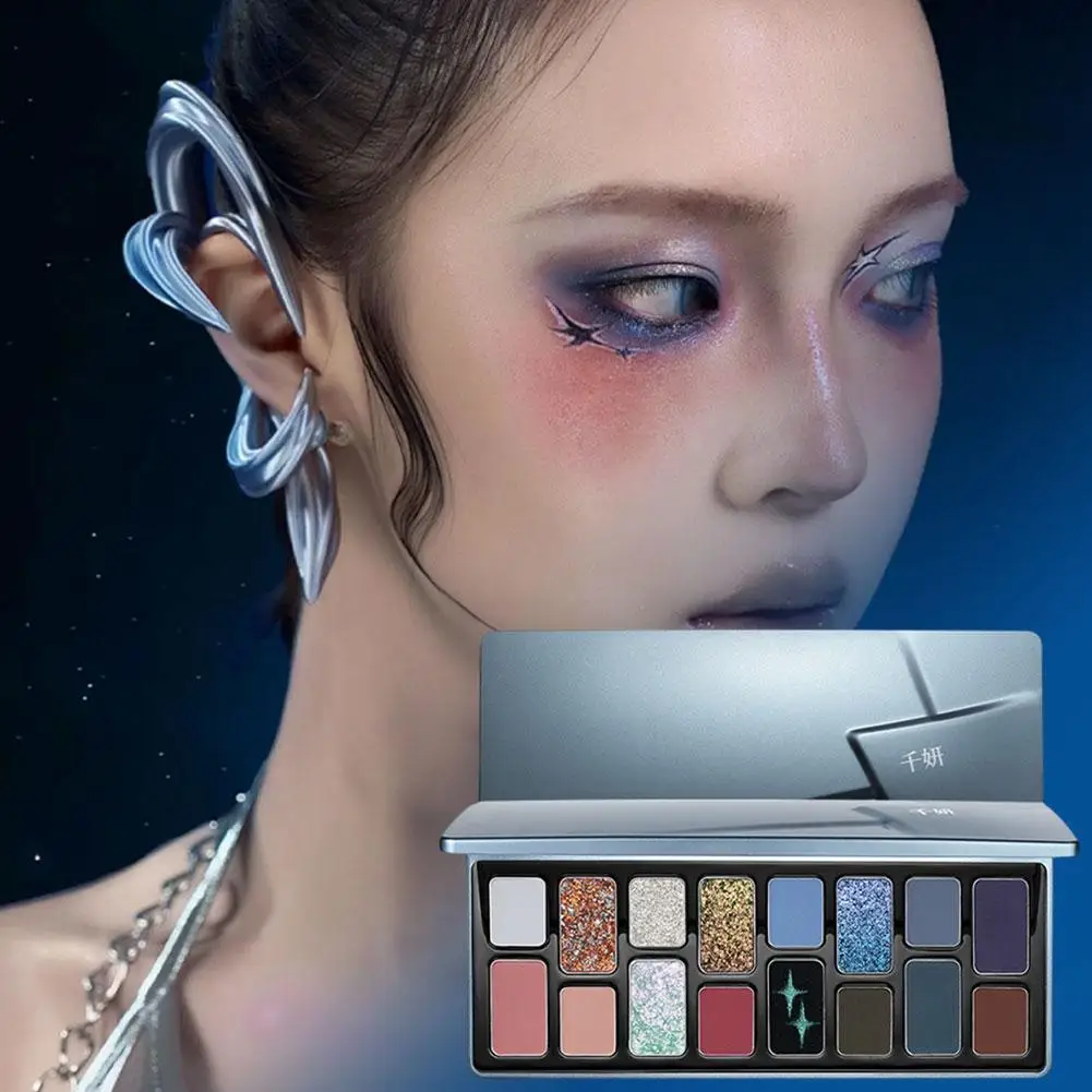16 Colors Eyeshadow Palette - Blue Purple Pink Glitter Chamelon Matte Pearlescent Flash Plate, Cool Smoky Gothic Eyes Makeup