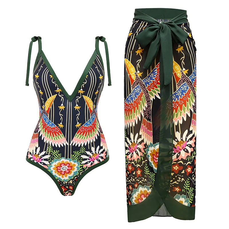 Drukowany Zestaw Bikini Sexy Push Up 2025 Damski Strój Kąpielowy Głęboki Dekolt V Brazylijski Strój Plażowy Jednoczęściowy Kostium Kąpielowy Spódnica Biquini