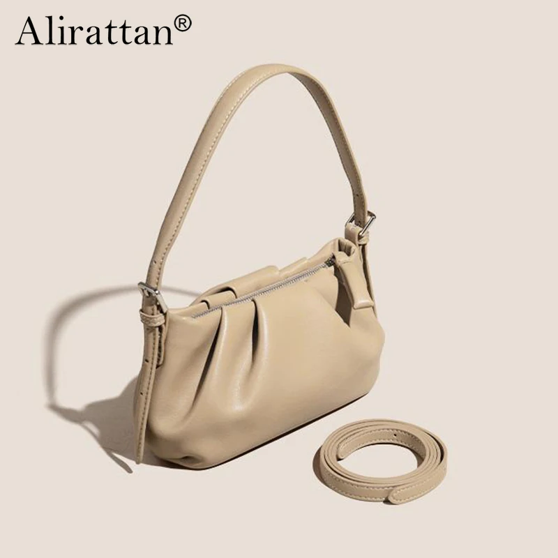 

Alirattan 2025 New Solid Color Cowhide Cloud Bag Handheld One Shoulder Diagonal Cross Folded Dumpling Bun