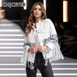 CHICEVER Korean Fashion Coat For Women Lapel Long Sleeve Single Breasted Oversize Casual Spliced Sequnins Denim Coat  Female