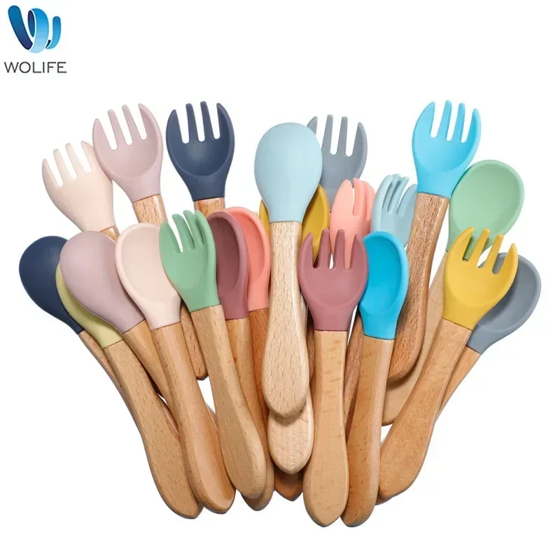 Baby 2pcs Silicone Fork Spoon Baby Beech Wood Feeding Spoon Toddlers Infant Feeding Accessories BPA Free Baby Feeding Tableware