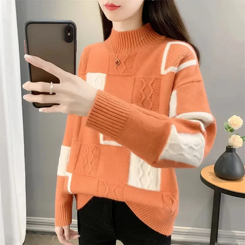 Female Chessboard Grid Sweater Women Pullover Long Sleeved Knitting Autumn Winter Ladies Half High Collar Long Sleeved Knitwear