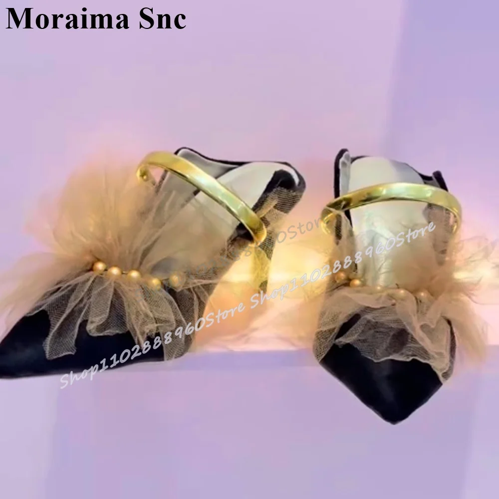 

Sexy Black Air Mesh Pearl Pointy Half Slippers Stilettos High Heel Women Shoes Slip On Pointed Toe Elegant Gorgeous Sandals