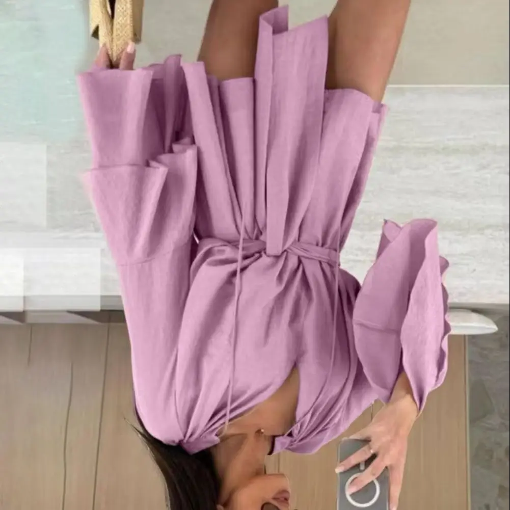 

Women's Summer Shirt Dress Ruffed Long Sleeve V Neck Short Dress Chiffon A-Line Tie Waist Flowy Mini Dress