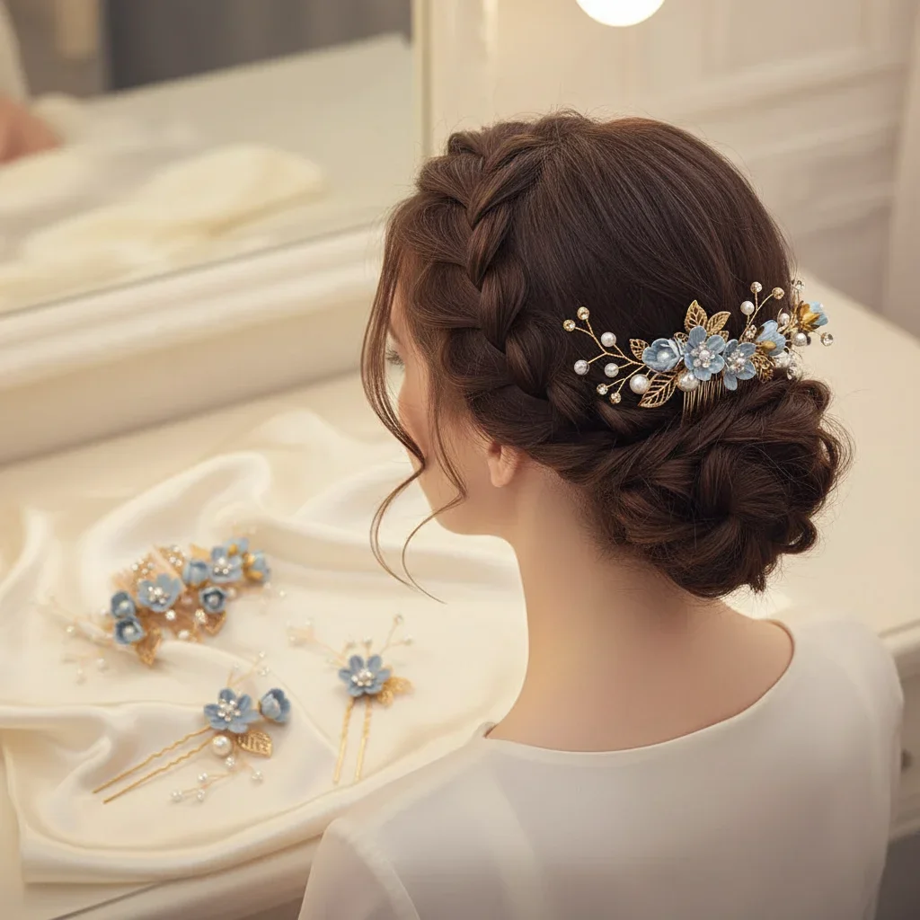 Romantic Bride Hair Jewelry Blue Flower Hair Combs Headdress Prom Bridal Wedding Hair Accessories Gold Leaves Hair Jewelry Pins