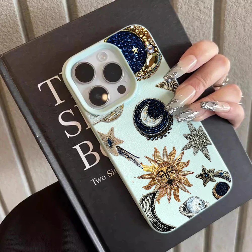 Sun Moon Star Lychee Texture  Case For iPhone 17 16 15 14 13 12 11 Pro Max Boho Celestial Astrology Shockproof Soft TPU Cover view 2