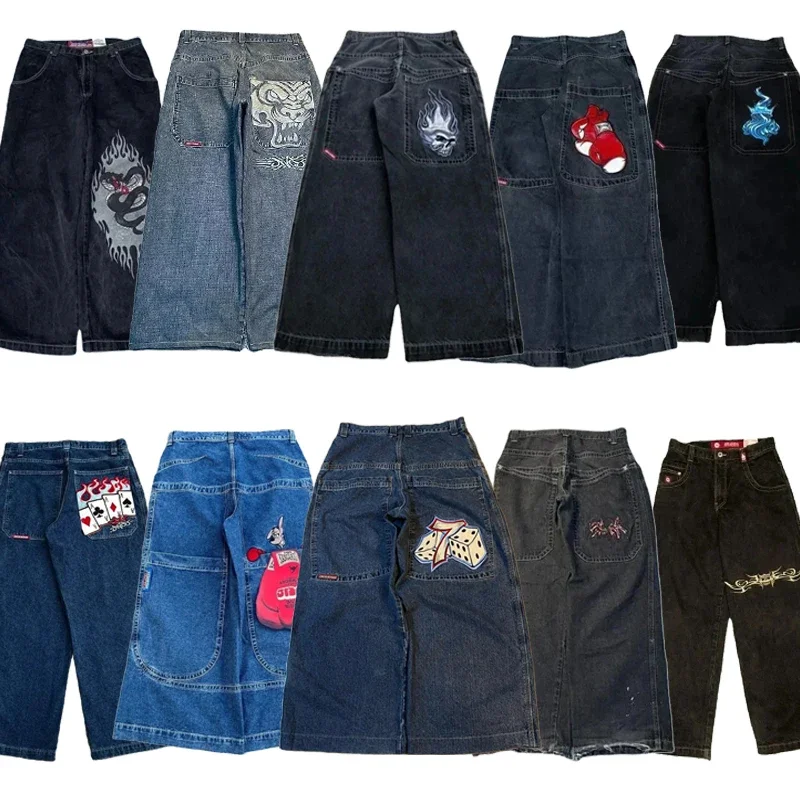 Jnco-ヒップホップワイドレッグジーンズ,男性用,y2k,原宿,高品質,刺denimデニムパンツ,美的,カジュアル,バギー,新しいストリートウェア