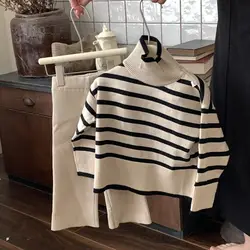 Children's Korean Set 2023 Autumn and Winter New Striped Woolen Set High Neck Pullover Sweater Slim Fit Wide Leg Pants