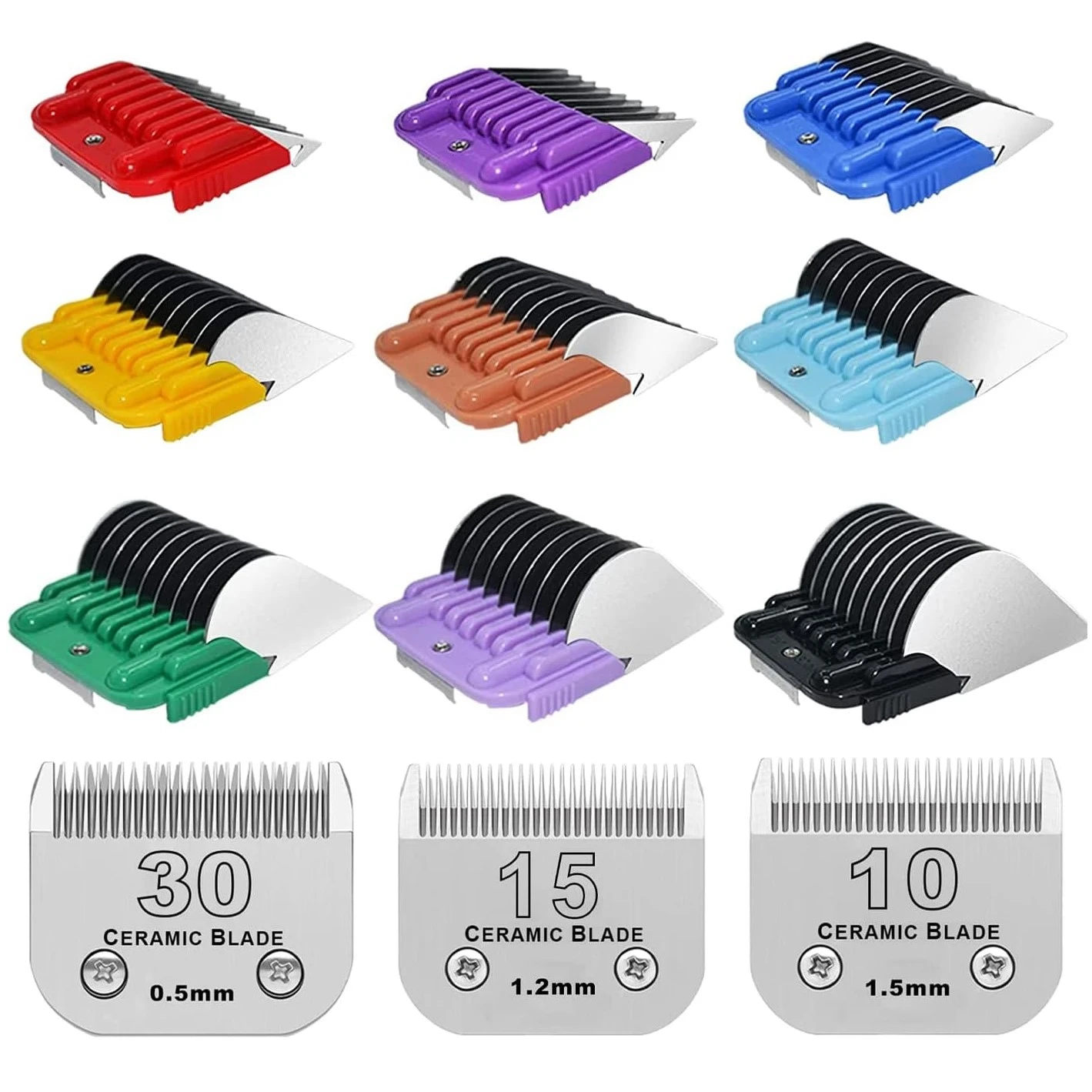 Pro Animal Metal 9 Color Comb Kit Compatible with Andis, Oster A5, Wahl KM Series Detachable blade (ONLY Snap on Size #10/15/30)