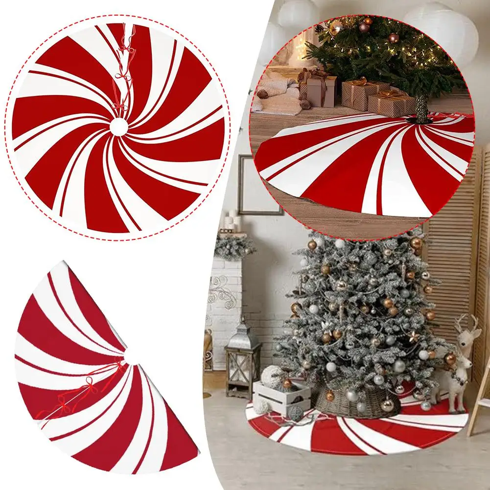 Christmas Tree Skirt with Red and White Peppermint Candy Pattern Tree Mat Rustic Decorations for Xmas Holiday Party Ornamen D0C4