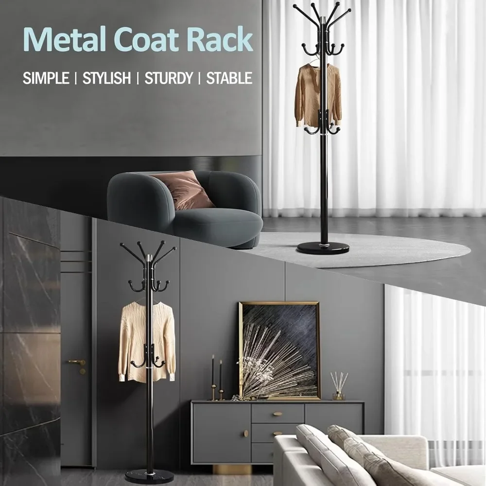 Coat rack freestanding with natural marble base, sturdy metal coat rack with 11 hooks, bedroom coat rack, coats tree entrance