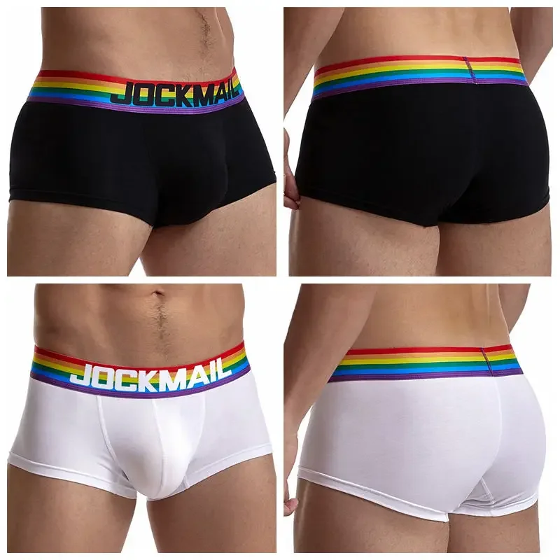 JOCKMAIL Sexy Men\'s Underwear Rainbow Elastic Band Boxer Briefs LGBT Club Male Gay Shorts Low Waist Cotton Swimming Trunks