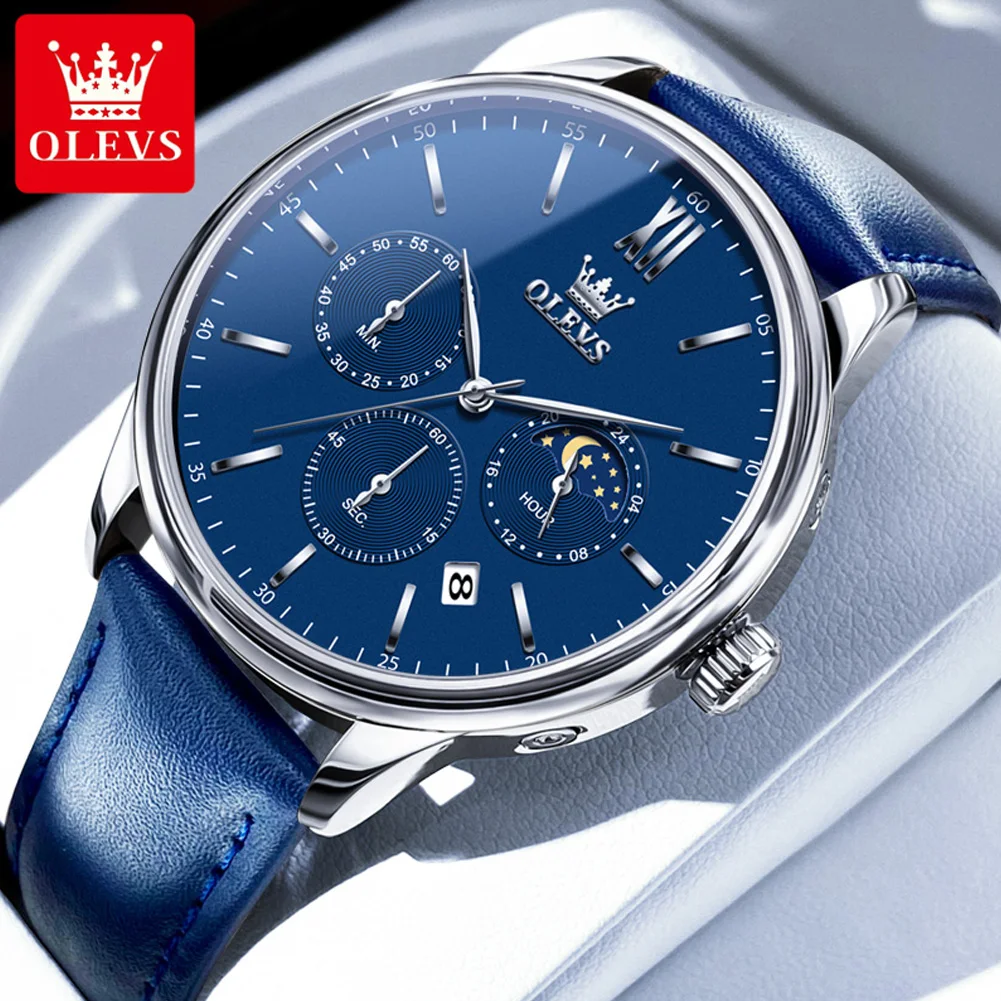 OLEVS Brand New Business Mens Watches Fashion Blue Leather Waterproof Date Luxury Moon Phases Chronograph Quartz Watch for Men